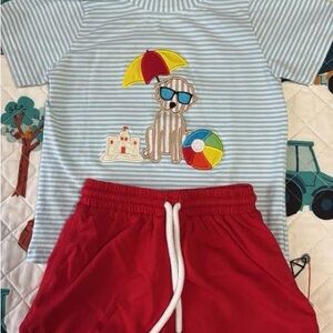Striped Blue Shirt and Red Shorts Set